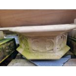 A PAIR OF COMPOSITE STONE GOTHIC STYLE GARDEN URNS. H 73 D 66cms EXCLUDING LATER WOOD PLINTHS