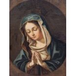 18th C. CONTINENTAL SCHOOL, AN OVAL PORTRAIT OF THE MADONNA IN PRAYER ON A RECTANGULAR CANVAS, HER