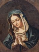 18th C. CONTINENTAL SCHOOL, AN OVAL PORTRAIT OF THE MADONNA IN PRAYER ON A RECTANGULAR CANVAS, HER