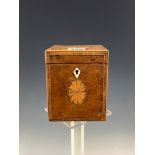 A 19th C. YEW WOOD SINGLE COMPARTMENT TEA CADDY, THE HINGED LID WITH CROSS BANDING ENCLOSING THE