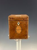 A 19th C. YEW WOOD SINGLE COMPARTMENT TEA CADDY, THE HINGED LID WITH CROSS BANDING ENCLOSING THE