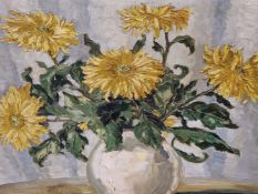 **BRIDGE (20th C.) A VASE OF YELLOW CHRYSANTHEMUMS, OIL ON CANVAS, SIGNED LOWER RIGHT. 48 x 59cms.