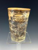 A SCRATCH CARVED HORN BEAKER INSCRIBED NATHANIEL SPILMAN SCULP DEPICTING A COACH AND FOUR DRIVING
