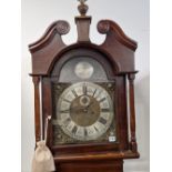 A MAHOGANY LONG CASSED CLOCK BY LOWRY, BELFAST, THE ARCHED DIAL WITH A SLIVER CHAPTER RINGS AND WITH