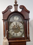 A MAHOGANY LONG CASSED CLOCK BY LOWRY, BELFAST, THE ARCHED DIAL WITH A SLIVER CHAPTER RINGS AND WITH