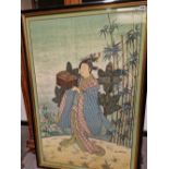 INDIAN SCHOOL, A JAPANESE LADY CARRYING A BOX PAST BAMBOO AND FOLIAGE, MIXED MEDIA ON PAPER. 112 x