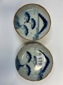 A PAIR OF JAPANESE ARITA BLUE AND WHITE DISHES, EACH PAINTED WITH PINE TREES BEFORE A DISTANT
