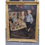 HARRINGTON MANN (1864-1937), PORTRAITS OF THREE CHILDREN ON AND ABOUT A FLORAL SOFA, OIL ON