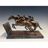 BARRY FOLEY, HIS 1972 BRONZE OF TWO RACEHORSES ABOUT TO TAKE A FENCE, THE RECTANGULAR BASE ON A