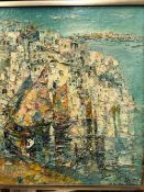 20th C. MEDITERRANEAN SCHOOL, SAILING BOATS NEAR A TOWN, OIL ON CANVAS, INDISTINCTLY SIGNED LOWER