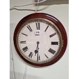 A MAHOGANY CASED WALL CLOCK, THE TIMEPIECE WITH PENDULUM MOVEMENT AND PAINTED DIAL. Dia 39cms.