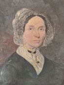 VICTORIAN SCHOOL, PORTRAIT OF A LADY WEARING A LACE BONNET, OIL ON CANVAS. 38 x 30.5cms. WITHIN A