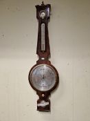 A MAHOGANY WHEEL BAROMETER BY CAPELLA, THE SILVERED DRY/DAMP DIAL ABOVE AN ALCOHOL THERMOMETER,