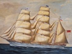 LATE 19th C. SCHOOL, A PORTRAIT OF THE THREE MASTED SHIP VALLEJO, OIL ON CANVAS. 58 x 90cms.