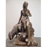 AFTER PIERRE JULIEN, A BRONZE FIGURE OF ALMATHEA SEATED ON A ROCK HOLDING THE RIBBONS TIED TO THE