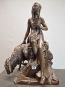 AFTER PIERRE JULIEN, A BRONZE FIGURE OF ALMATHEA SEATED ON A ROCK HOLDING THE RIBBONS TIED TO THE