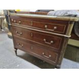 A 19th C. FRENCH GREEN MARBLE TOPPED CHEST OF THREE LONG DRAWERS ON BRASS RING TOPPED SPINDLE