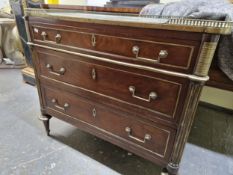 A 19th C. FRENCH GREEN MARBLE TOPPED CHEST OF THREE LONG DRAWERS ON BRASS RING TOPPED SPINDLE