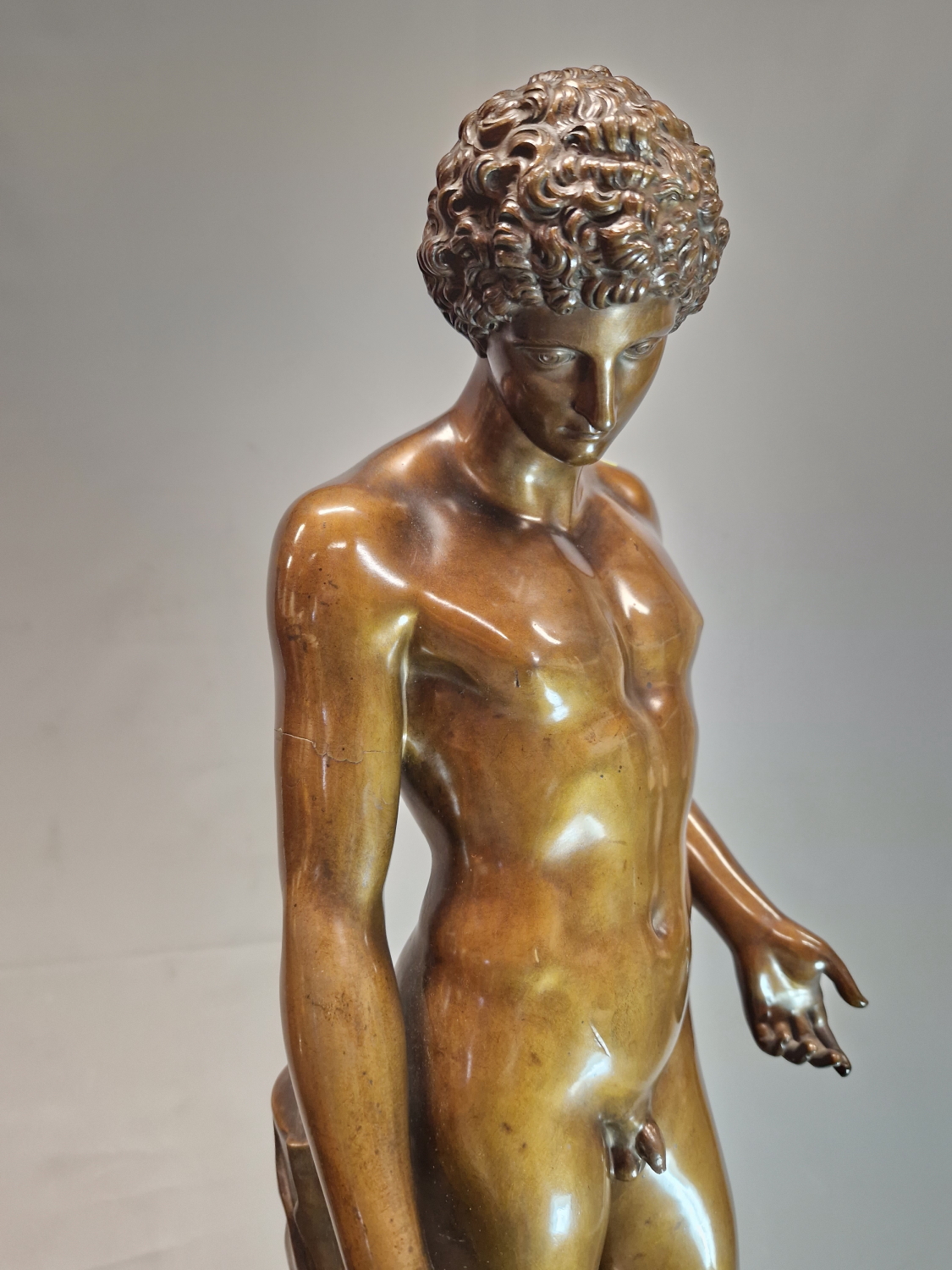 A BRONZE FIGURE OF NARCISSUS STANDING LOOKING DOWN TO WHERE HIS REFLECTION COULD BE SEEN IN WATER, - Image 4 of 10