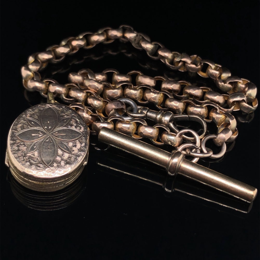 A VINTAGE DIAMOND CUT BELCHER CHAIN COMPLETE WITH T-BAR AND FOUR PANEL LOCKET. ALL UNMARKED, - Image 6 of 6