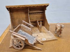 STAINED WOOD STABLING FOR A MODEL HORSE AND FOR A TWO WHEELED CART, THE STABLE FLOOR. 43.5 x 40cms.