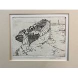 JAMES LOVEGROVE 20th CENTURY SCHOOL ARR. FOUR PENCIL SIGNED ETCHINGS OF RIVER/DOCKSIDE VIEWS. LARGE