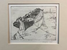 JAMES LOVEGROVE 20th CENTURY SCHOOL ARR. FOUR PENCIL SIGNED ETCHINGS OF RIVER/DOCKSIDE VIEWS. LARGE