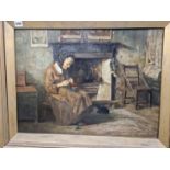 CIRCLE OF WALTER LANGLEY, A LADY KNITTING IN FRONT A FIRE, OIL ON CANVAS. 44 x 59cms.