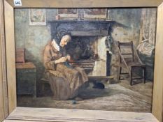 CIRCLE OF WALTER LANGLEY, A LADY KNITTING IN FRONT A FIRE, OIL ON CANVAS. 44 x 59cms.