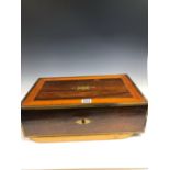 A 19th C. BRASS AND SATIN WOOD BANDED ROSEWOOD WRITING SLOPE WITH RECESSED BRASS HANDLES TO EACH