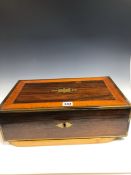 A 19th C. BRASS AND SATIN WOOD BANDED ROSEWOOD WRITING SLOPE WITH RECESSED BRASS HANDLES TO EACH