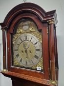 A 19th C. MAHOGANY LONG CASED CLOCK BY THOMAS BALDWIN, LONDON, THE ARCHED BRASS DIAL WITH SILVERED