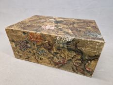 A CHINESE VELLUM COVERED TWO HANDLED TRUNK PAINTED WITH BIRDS AMONGST FLOWERING TREES. W 87 x D 57.5