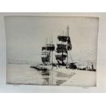 JOHN WINKLER ( 1894 - 1979 ) ARR. FROM SIMON'S WARF, PENCIL SIGNED ETCHING. SHEET SIZE 23 x 37cms