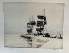 JOHN WINKLER ( 1894 - 1979 ) ARR. FROM SIMON'S WARF, PENCIL SIGNED ETCHING. SHEET SIZE 23 x 37cms