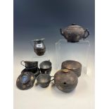 A CHINESE PEWTER MOUNTED COCONUT PART TEA SET, POSSIBLY SWATOW, GILT WITH SHOU CHARACTERS AMONGST