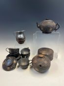 A CHINESE PEWTER MOUNTED COCONUT PART TEA SET, POSSIBLY SWATOW, GILT WITH SHOU CHARACTERS AMONGST