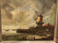 AFTER JACOB VAN RUYSDAEL, A SHIP SAILING FROM HAAG DOCK WATCHED BY FIGURES BY A WINDMILL, OIL ON