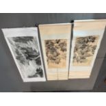 THREE CHINESE SCROLLS AND A NEEDLEWORK PICTURE, THE SCROLLS DEPICTING: A MOUNTAINOUS COASTLINE. 88 x