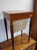 A 19th C. CROSS BANDED AND LINE INLAID MAHOGANY WORK TABLE, THE LIFT UP TOP OVER A COMPARTMENT