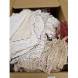 A BOX OF LACE, MAINLY TABLE LINEN