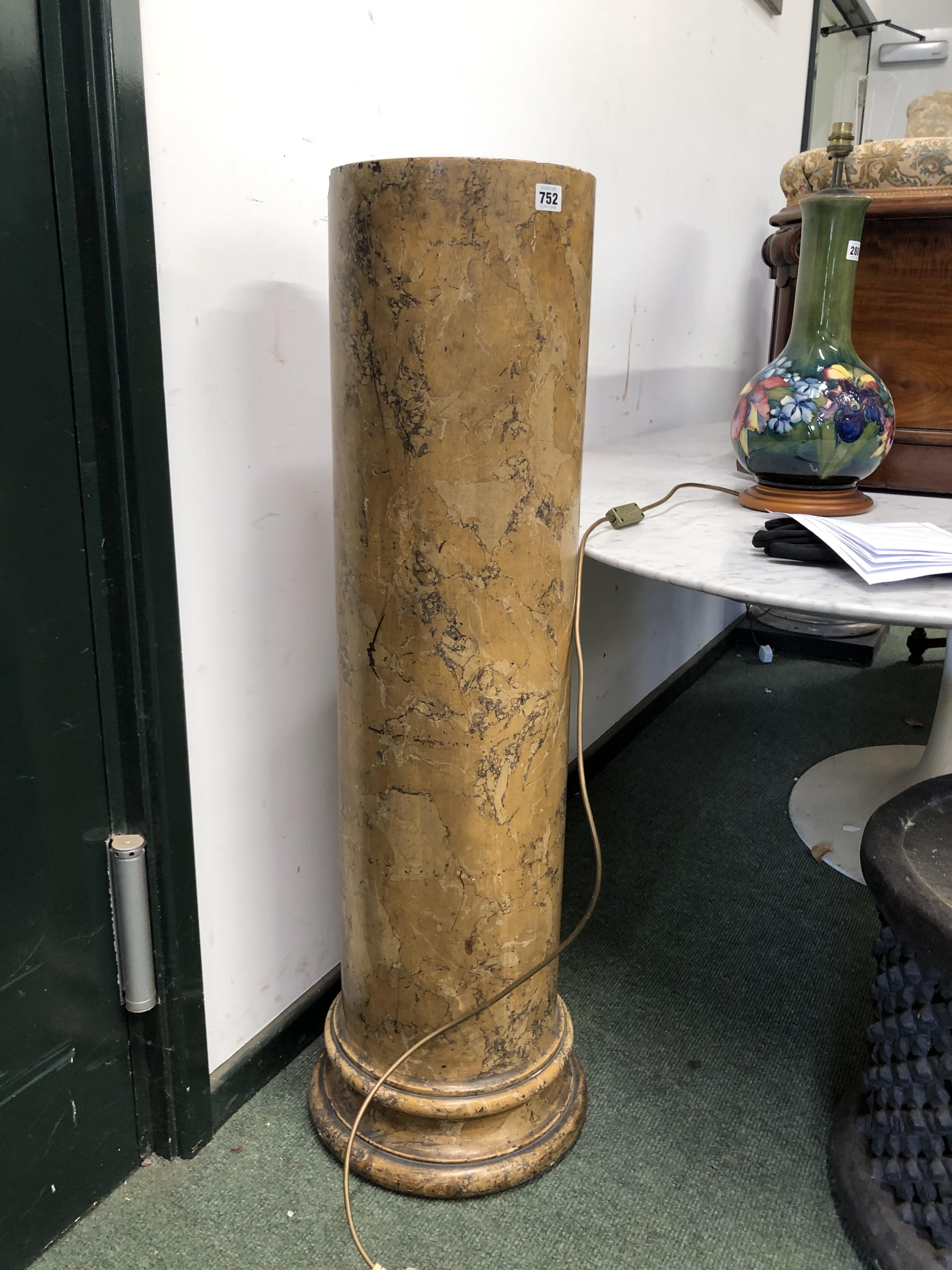 A SIMULATED MOTTLED OCHRE MARBLE CYLINDRICAL COLUMN ON A SOCLE FOOT. H 110cms. - Image 2 of 13