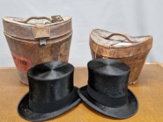TWO LEATHER CASED BLACK TOP HATS WITH SILK PILE, ONE BY LOCKE. 20 x 16cms. AND THE OTHER BY WHITE.