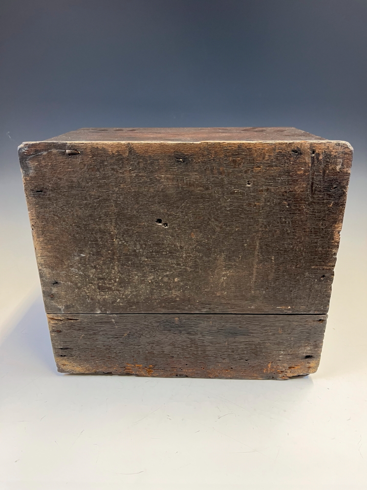 AN 18th C. OAK TABLE TOP CABINET, THE X-SHAPED PANELLED DOOR OPENING ONTO SIX DRAWERS AND TWO PIGEON - Image 13 of 14