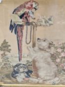 A 19th C. BERLIN WOOLWORK PANEL DEPICTING A WHITE TERRIER BELOW A PARROT ON ITS PERCH, THE BROWN
