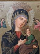 A LATE 19th C. ORTHODOX IKON, THE MADONNA AND CHILD WITH SAINTS ABOVE, OIL ON CANVAS. 49.5 x 40cms.
