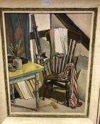 PAT JAMIESON (20th C.), STILL LIFE OF A CHAIR IN THE ARTISTS STUDIO, OIL ON BOARD, SIGNED LOWER