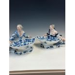 A PAIR OF MEISSEN ONION PATTERN FIGURAL SWEETMEATS, THE BOWLS HELD RESPECTIVELY BY A RECLINING MAN