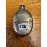 A SILVER MOUNTED GLASS HIP FLASK BY JOHN LINEGAR, BIRMINGHAM 1867, THE OVAL SHAPE ENGRAVED WITH