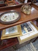 A LIMITED EDITION PHOTOGRAPH OF THE QUEEN MOTHER, A GILT CLASSICAL MASK, A FLORAL PRINTS AND SCRAP